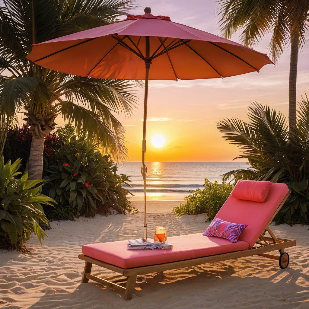 A serene beach scene showcasing vibrant swimwear laid on golden sand, with a stylish patio setup featuring a cozy lounge chair and a sun umbrella, while the sun sets in the background casting warm hues. Incorporate tropical plants and beach accessories like sunglasses and a beach ball to enhance the atmosphere. super-realistic. vibrant colors. sunset lighting.